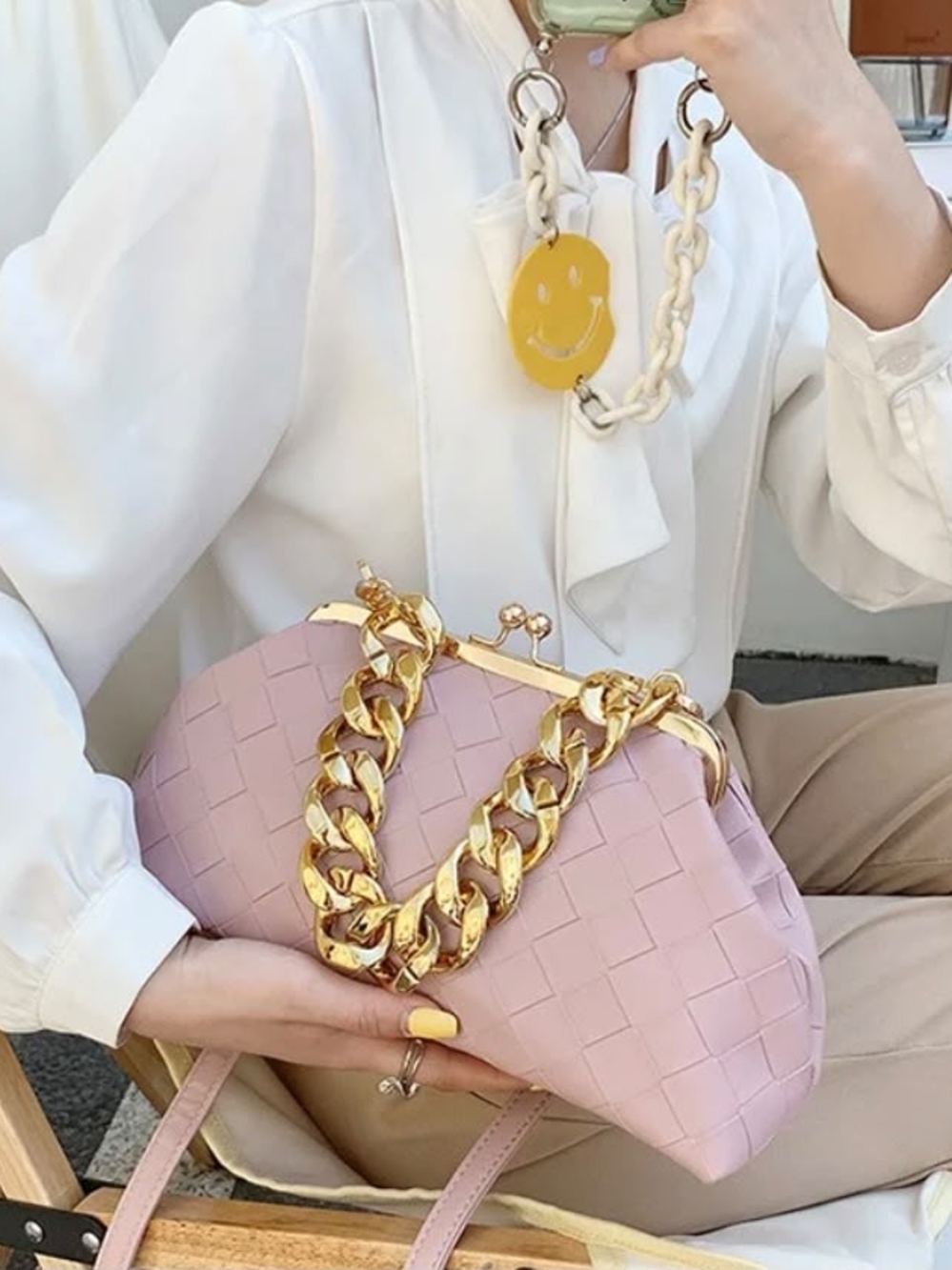 Chic Woven Pink Chain-Handle Shoulder Bag